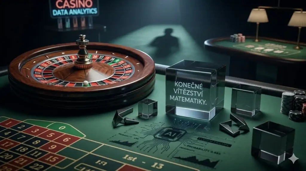 Symbolická vizualizace selhání AI v hazardu: rozpadající se dřevěná ruleta na tmavém pozadí s fragmenty digitálního kódu a nápisem o konečném vítězství matematiky.