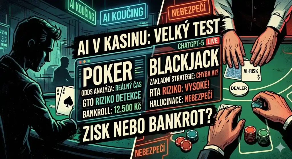 Ilustrace ve stylu tech-noir znázorňující testování ChatGPT-5 v kasinu. Grafika je rozdělena na sekce pro poker a blackjack s českými popisky jako 'AI v kasinu: Velký test', 'GTO riziko detekce' a 'Zisk nebo bankrot?'. Na obrázku jsou vidět ruce hráčů, karty, žetony a digitální rozhraní analyzující odds a herní strategii v reálném čase.