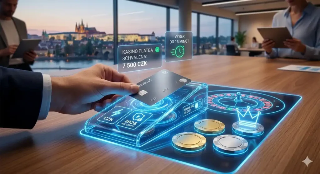 Detailní pohled na kovovou kartu Revolut nad futuristickým platebním terminálem s hologramem potvrzení vkladu do kasina v roce 2026.