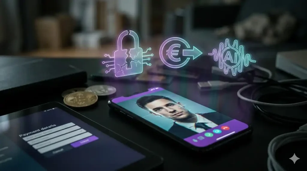 Detailní pohled na smartphone na tmavém stole zobrazující deepfake videohovor s podvodným bankéřem. Obrazovka telefonu svítí fialově a tyrkysově, tvář muže na displeji je deformována digitálními artefakty a glitche. Nad telefonem se vznášejí světelné hologramy zlomeného zámku, ikony peněz se šipkou ven a symbolu umělé inteligence, naznačující krádež identity a finanční podvod.