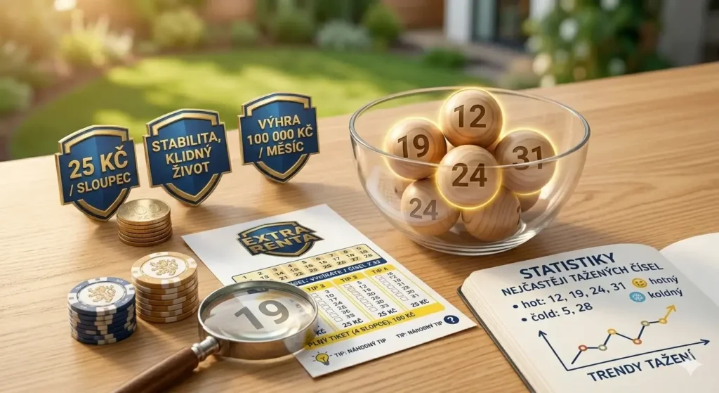 Detailní pohled na skleněnou osudí s očíslovanými míčky loterie Extra renta, ve které svítí nejčastěji tažená čísla 12, 19, 24 a 31, doplněná o zlaté štíty s cenou 25 Kč za sloupec a měsíční rentou 100 000 Kč.
