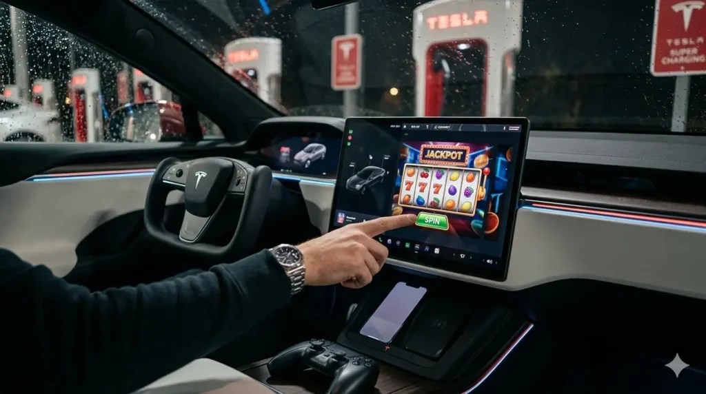 Detailní pohled na prst řidiče ovládající online automat s tlačítkem SPIN na dotykovém displeji Tesla Model 2 během nabíjení u stojanu Supercharger.