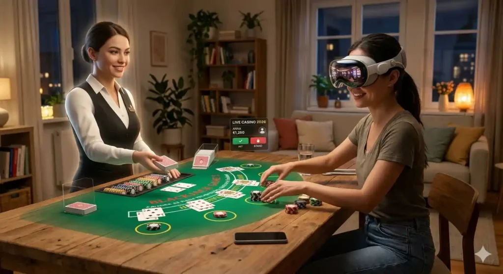 Žena v domácím obývacím pokoji s headsetem pro smíšenou realitu (Apple Vision Pro 2) hraje blackjack. Na jejím dřevěném jídelním stole se zobrazuje virtuální zelené plátno s kartami a žetony, zatímco naproti ní stojí hyperrealistický AI avatar krupiérky, který jí podává karty.