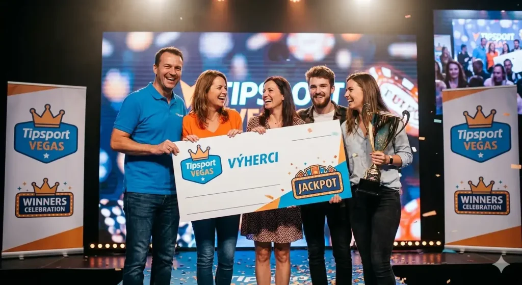 Skupina pěti usměvavých výherců na pódiu oslavuje vítězství v Tipsport Vegas. Společně drží velký symbolický šek s logem Tipsport Vegas a jedna z žen drží zlatou trofej. Pozadí tvoří modré a oranžové reklamní bannery s nápisy Tipsport Vegas a Winners Celebration.
