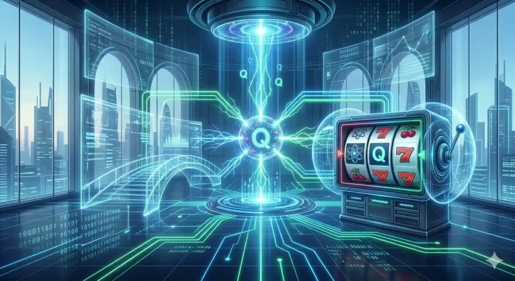 Vize budoucnosti iGamingu 2026: Moderní a bezpečné kasino rozhraní, kde stabilní kvantové datové toky (QRNG) zaručují absolutní férovost a ochranu výherních automatů v digitálním městě.