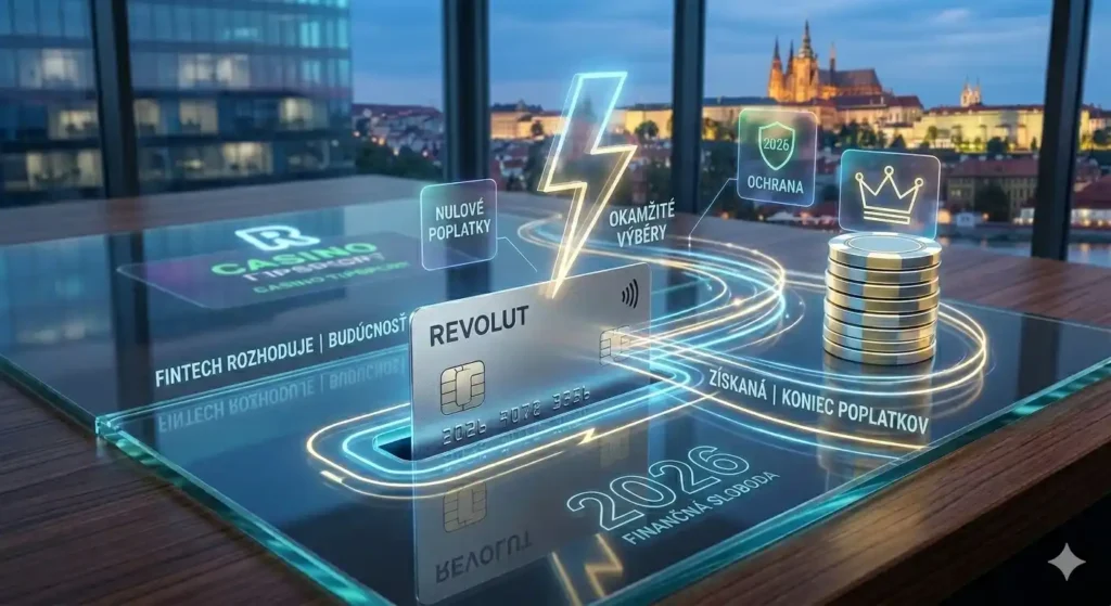 Kovová karta Revolut Metal nad futuristickým interaktivním stolem s hologramy pro okamžité výběry z kasina a špičkové zabezpečení v roce 2026.