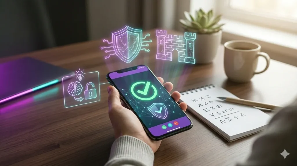 Detailní záběr na ruce uživatele držící smartphone nad dřevěným stolem v bezpečném domácím prostředí. Displej telefonu zobrazuje zelenou ikonu potvrzení a ochranný štít v tyrkysové a fialové barvě. Nad telefonem se vznášejí svítící neonové hologramy štítu, hradeb a mozku, které symbolizují kybernetickou bezpečnost a kritické myšlení. Vedle telefonu leží poznámkový blok s perem, evokující připravenost a rodinné heslo.