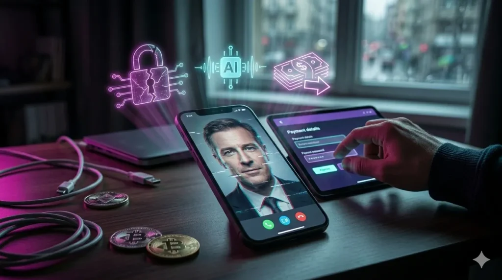 Detailní záběr na stůl v tmavém prostředí, kde leží smartphone a tablet. Obrazovka smartphonu zobrazuje deepfake videohovor, přičemž tvář muže na displeji je deformována digitálními artefakty a glitche. Nad telefonem se vznášejí světelné hologramy v tyrkysové a fialové barvě: zlomený zámek, symbol umělé inteligence a ikona peněz se šipkou ven, naznačující finanční podvod a krádež identity.