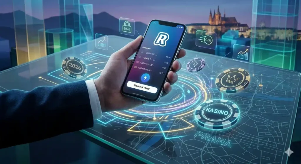 Chytrý telefon s aplikací Revolut potvrzující bleskový vklad do online kasina na pozadí noční Prahy v roce 2026.