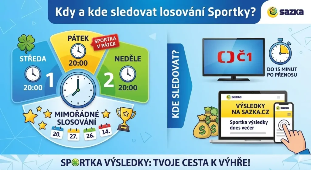 Přehledná infografika v češtině s názvem „Kdy a kde sledovat losování Sportky?“. Levá část zobrazuje barevný kalendář se dny slosování: Středa, Neděle a žlutě zvýrazněný „Pátek – Sportka v pátek“, vše s časem 20:00. Spodní část obsahuje sekci pro mimořádná slosování s ikonami hvězd a trofeje. Pravá část s nápisem „KDE SLEDOVAT?“ ukazuje logo televize ČT1 se stopkami „do 15 minut po přenosu“ a pod ním notebook s mobilním telefonem zobrazující web Sazka.cz s titulkem „Sportka výsledky dnes večer“. Moderní modré pozadí s logem Sazka.