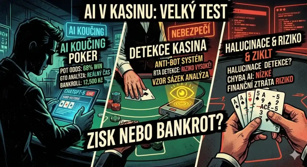 Ilustrace ve stylu tech-noir rozdělena na tři vertikální panely, které v češtině popisují testování AI v hazardu. Levý panel ukazuje hráče s tabletem a nápisy: 'AI Koučing Poker', 'Odds analýza: reálný čas', 'Bankroll: 12,500 Kč'. Střední panel zobrazuje ruce dealera, scanner a varovná hlášení: 'Detekce kasina', 'RTA detekce: riziko vysoké!', 'Nebezpečí'. Pravý panel detailně ukazuje ruce s vadnými, glitchujícími kartami a texty: 'Halucinace & riziko', 'Chyba AI: nízké', 'Finanční ztráta riziko'. Celý obrázek doplňují hlavní titulky: 'AI V KASINU: VELKÝ TEST' a 'ZISK NEBO BANKROT?
