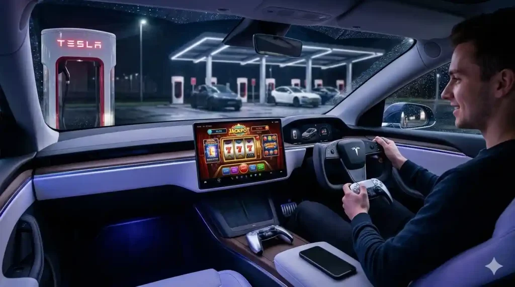 Pohled do interiéru Tesla Model 2 během nabíjení na stanici Supercharger, kde řidič využívá infotainment a herní ovladač k hraní online automatů na velkém středovém displeji.