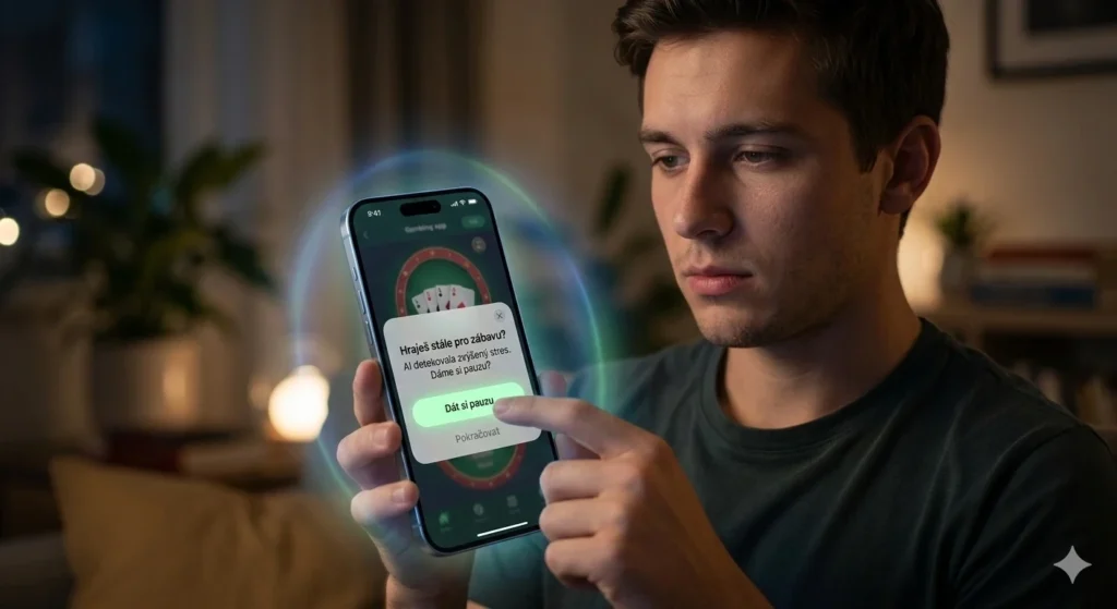 Detailní záběr na ruku držící iPhone 18, kde umělá inteligence (AI) aktivně blokuje hazardní aplikaci. Na displeji je vidět biometrická analýza rizikového chování a svítící digitální štít s českým nápisem „AI OCHRANA AKTIVNÍ“. Futuristické pozadí s datovými toky a neurální sítí.