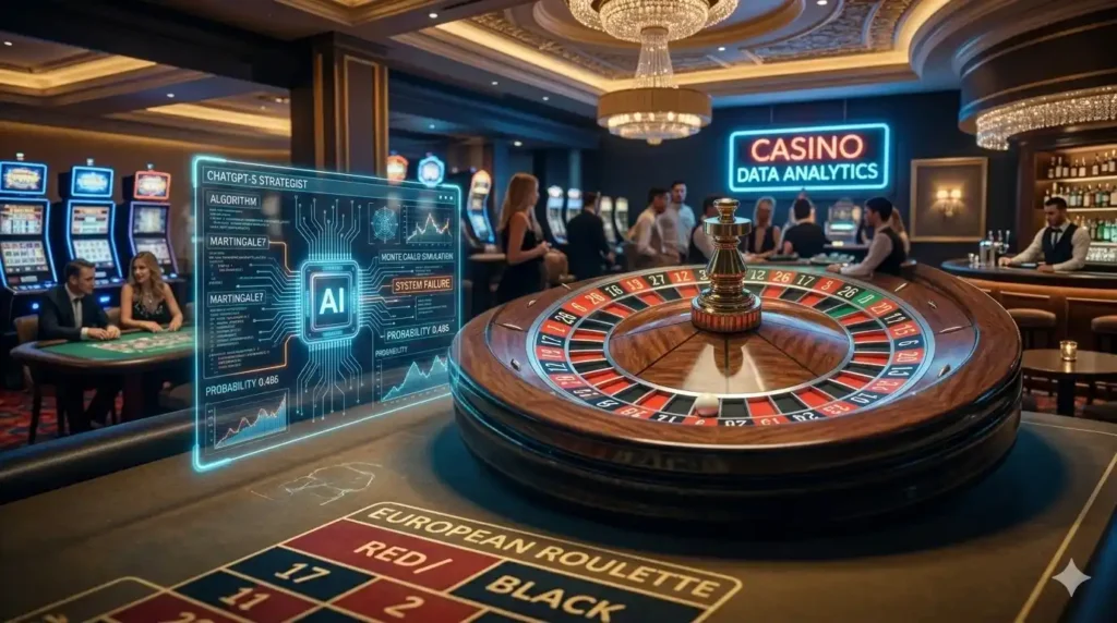 Detailní pohled na evropskou ruletu v luxusním kasinu s holografickým rozhraním ChatGPT-5, které zobrazuje analýzu sázkových algoritmů a simulaci pravděpodobnosti.