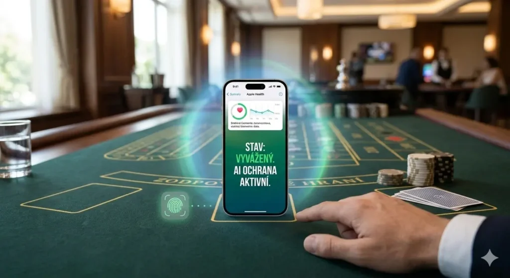 Detailní pohled na iPhone 18 položený na zeleném plátně kasinového stolu mezi úhledně srovnanými žetony a kartami. Na displeji telefonu svítí aplikace Apple Health s velkým nápisem „STAV: VYVÁŽENÝ. AI OCHRANA AKTIVNÍ.“ a zelenou ikonou srdce. Symbolické znázornění kontroly nad hazardem a vítězství digitálního zdraví nad rizikovým hraním.