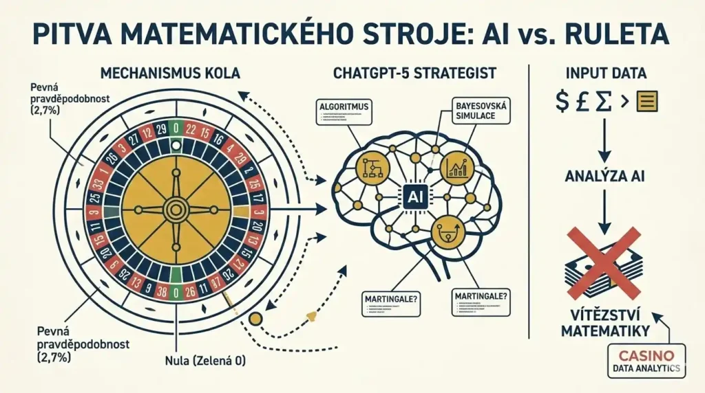 Minimalistická infografika v retro stylu znázorňující „pitvu“ rulety a AI. Schéma propojuje mechanismus kola s digitálním mozkem ChatGPT-5 a ilustruje nevyhnutelné vítězství matematiky nad sázkovými algoritmy.
