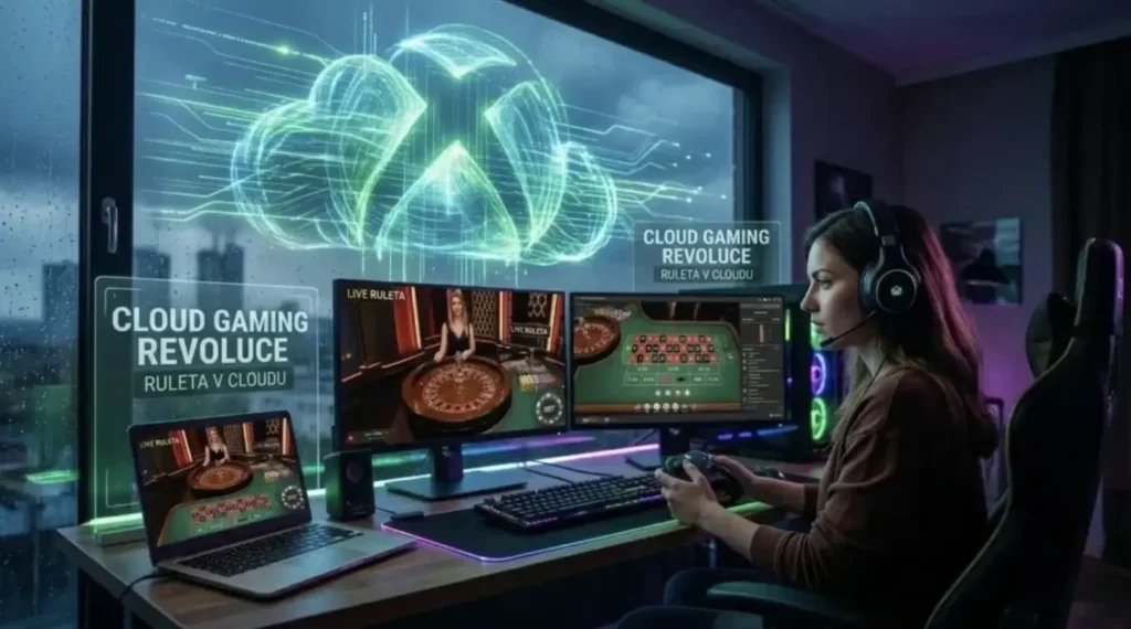 Mladá hráčka u herního PC s tématikou cloud gamingu a online rulety