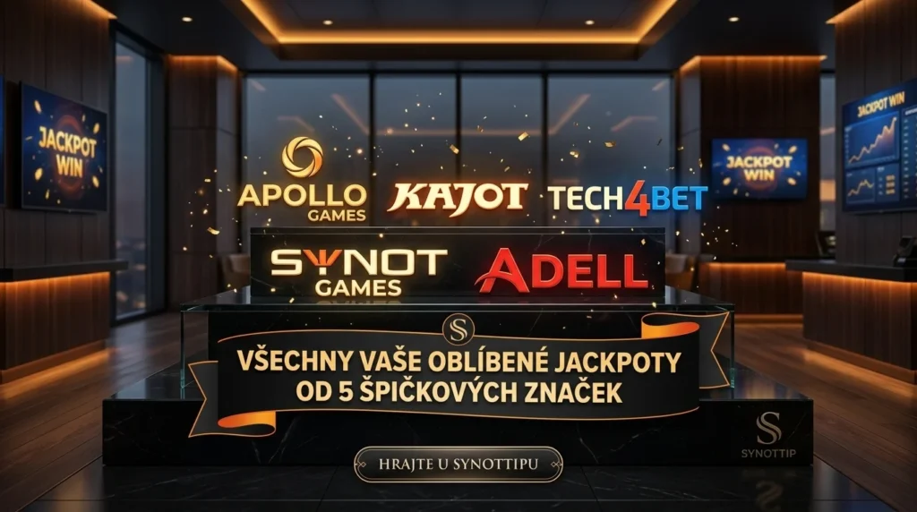 Moderní a prestižní propagační obrázek pro jackpotové hry v online kasinu Synottip. Obrázek znázorňuje luxusní kasinovou síň s ústředním osvětleným pódiem, na kterém jsou uspořádána loga klíčových výrobců her. Celková atmosféra je dynamická a vítězná, s poletujícími zlatými konfetami.