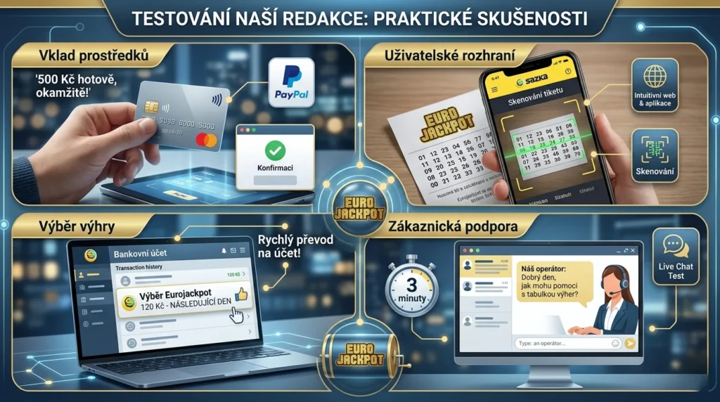 Informativní grafika s názvem „TESTOVÁNÍ NAŠÍ REDAKCE: PRAKTICKÉ ZKUŠENOSTI“ rozdělená do čtyř sekcí na tmavém technologickém pozadí. Horní levá část ukazuje vklad 500 Kč pomocí platební karty a systému PayPal s nápisem „okamžitě“. Horní pravá část znázorňuje mobilní aplikaci Sazka při skenování papírového tiketu Eurojackpot. Spodní levá část zobrazuje notebook s historií transakcí a potvrzeným výběrem výhry 120 Kč s doručením následující den. Spodní pravá část ilustruje test zákaznické podpory přes live chat s dobou odezvy 3 minuty. Uprostřed grafiky je umístěno zlaté logo Eurojackpot.