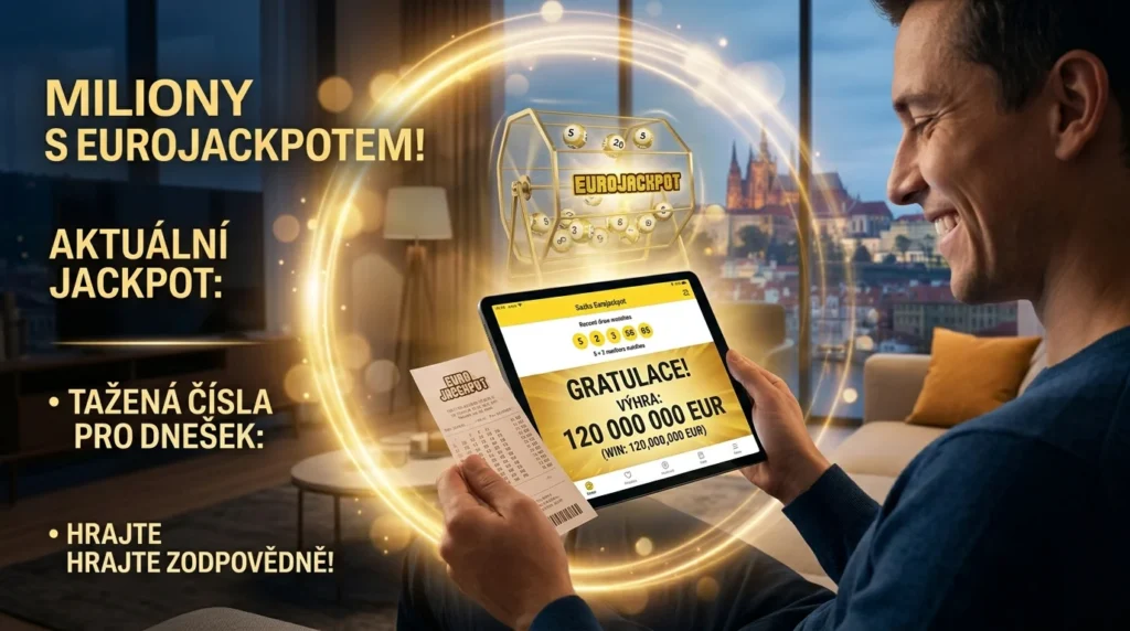 Vizuálně atraktivní grafika s názvem „MILIONY S EUROJACKPOTEM!“. Na obrázku je usmívající se muž v moderním interiéru s výhledem na noční Prahu a Pražský hrad. Muž drží v jedné ruce tablet, na kterém svítí velký nápis „GRATULACE! VÝHRA: 120 000 000 EUR“, a v druhé ruce má papírový tiket Eurojackpotu. Nad tabletem se vznáší zářící zlaté osudí s vylosovanými míčky a celý výjev obklopuje magický světelný kruh. Vlevo je doplňující text s odrážkami: „AKTUÁLNÍ JACKPOT“, „TAŽENÁ ČÍSLA PRO DNEŠEK“ a upozornění „HRAJTE ZODPOVĚDNĚ!“. Celková atmosféra obrázku evokuje radost z výhry a splněné sny.