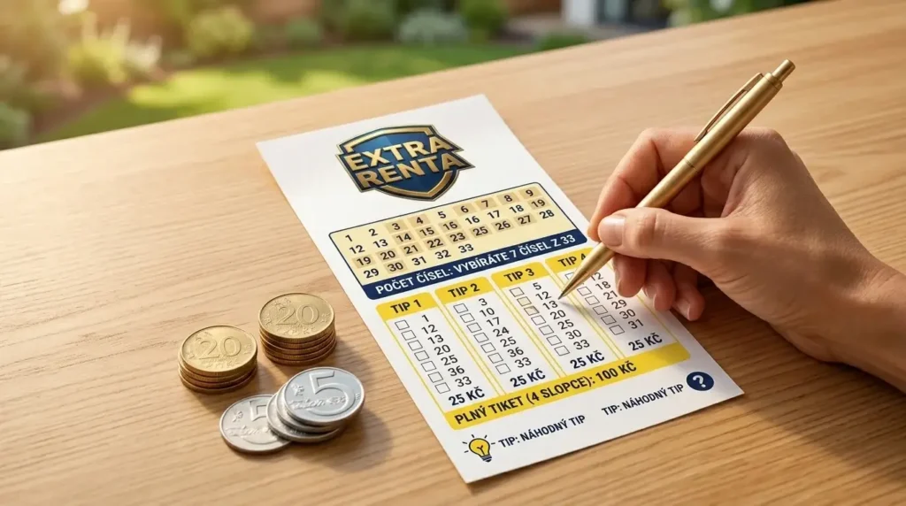 Detailní pohled na hrací tiket Extra renta s vyznačenými 7 čísly z 33, cenou 25 Kč za sloupec a českými mincemi na dřevěném stole.