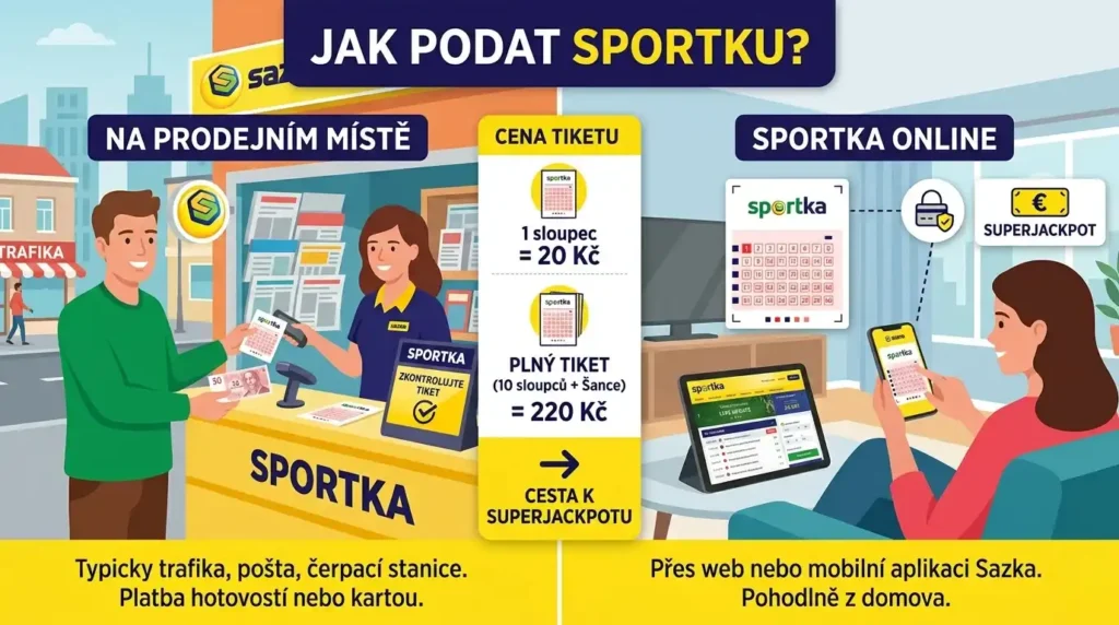 Přehledná infografika v češtině s názvem „JAK PODAT SPORTKU?“, která porovnává dva způsoby hraní. Levá část „NA PRODEJNÍM MÍSTĚ“ zobrazuje muže podávajícího tiket u terminálu v trafice. Pravá část „SPORTKA ONLINE“ ukazuje ženu sázející pohodlně přes mobilní aplikaci a tablet. Středový žlutý panel jasně uvádí ceny: „1 sloupec = 20 Kč“ a „PLNÝ TIKET (10 sloupců + Šance) = 220 Kč“ se symbolem pro Superjackpot. Moderní ilustrace v barvách Sazky, která vysvětluje proces sázky a cenu tiketu.