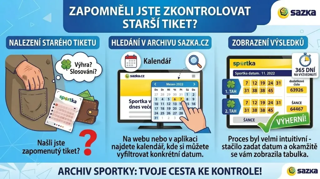 Přehledná infografika v češtině s názvem „ZAPOMNĚLI JSTE ZKONTROLOVAT STARŠÍ TIKET?“. Levá část „NALEZENÍ STARÉHO TIKETU“ ukazuje ruku vytahující zapomenutý tiket z kapsy u kalhot. Prostřední část „HLEDÁNÍ V ARCHIVU SAZKA.CZ“ zobrazuje monitor s kalendářem, kde uživatel vybírá konkrétní datum slosování. Pravá část „ZOBRAZENÍ VÝSLEDKŮ“ ukazuje tablet s výsledky 1. a 2. tahu, dodatkovým číslem a Šancí, s nápisem „VÝHERNÍ!“. V pravém horním rohu je ikona stopek s textem „365 DNÍ NA VYZVEDNUTÍ“. Spodní lišta obsahuje nápis „ARCHIV SPORTKY: TVOJE CESTA KE KONTROLE!“ a logo Sazka.