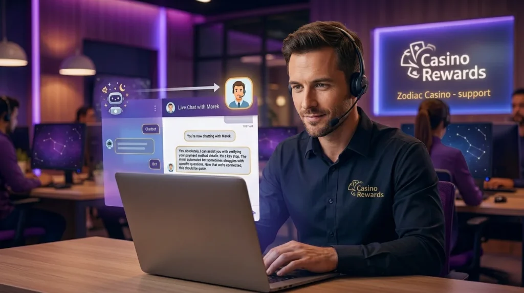 Pracovník zákaznické podpory Zodiac Casino v moderním fialovém rozhraní, kde se automatizovaný chatbot mění na živý chat s operátorem Markem.