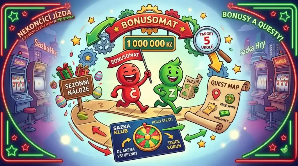 Ilustrativní herní mapa v živých barvách (červená, zelená, modrá) s moderním komiksovým stylem, zobrazující dynamický svět bonusů Sazka Her. Ústředními postavami jsou Pan Červený a Pan Zelený, kteří s radostným výrazem utíkají po herní cestě s nápisem 'BONUSOMAT' s lupou na 'TARGET 5 ÚKOLŮ' a nápisem '1 000 000 Kč'. Cesta ukazuje také zastávku 'QUEST MAP' s ikonami 'FREE SPINY' a 'HOTOVOST'. Vznášející se dárky a sezónní prvky jsou u značky 'SEZÓNNÍ NÁLOŽE'. V popředí je detailní karta 'SAZKA KLUB' s otáčivým kolem štěstí, šipkami na 'O2 ARENA VSTUPENKY' a 'TISÍCE KORUN'. Pozadí tvoří fantastické casino město s neonovými nápisy 'Sazka Hry' integrovanými do scény a s neonovým klenutým rámečkem s titulkem 'NEKONČÍCÍ JÍZDA S PANEM ČERVENÝM A ZELENÝM: BONUSY A QUESTY!' integrovaným do designu. Scéna vyzařuje energii a radost s bohatými barvami a soft glowing light efektem.