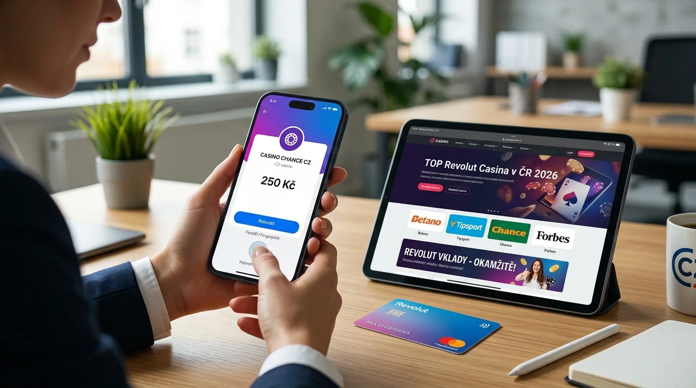 Osoba potvrzující casino vklad přes Revolut v mobilní aplikaci, na stole tablet se seznamem nejlepších Revolut casin v ČR a karta Revolut.