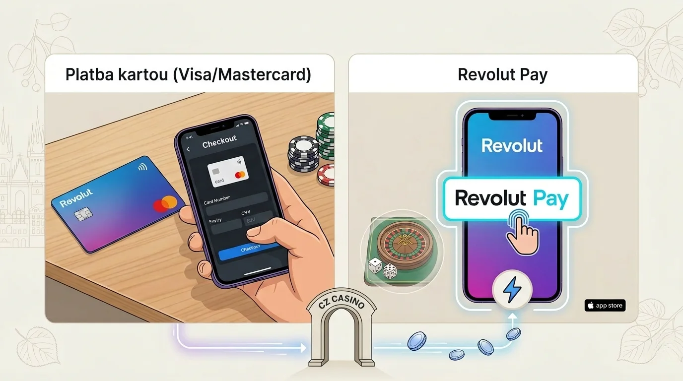 Porovnání platebních metod Revolut v online casinu: vlevo platba kartou Visa/Mastercard se zadáváním údajů, vpravo rychlá platba přes Revolut Pay jedním dotykem.