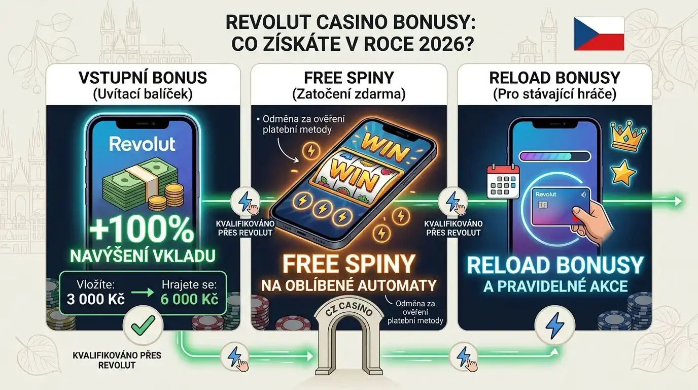 Přehledná infografika typů casino bonusů dostupných přes Revolut v roce 2026 v České republice. Zobrazuje tři hlavní výhody: Vstupní bonus (100% navýšení vkladu), Free Spiny na automaty a Reload bonusy pro pravidelné hráče. Všechny vklady přes Revolut jsou potvrzeny jako plně kvalifikované pro získání bonusů.