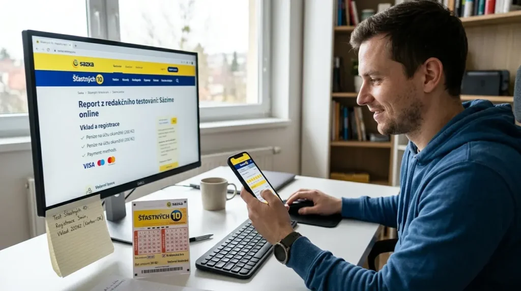 Fotografie recenzenta v domácí kanceláři, který testuje loterii Šťastných 10 od Sazky. Muž drží v ruce chytrý telefon a současně se dívá na velký stolní monitor, na kterém je zobrazen web Sazky s nadpisem „Report z redakčního testování: Sázíme online“. Na stole leží fyzický tiket Šťastných 10 s vyplněnými čísly a poznámkový blok s rukou psanými údaji o registraci a vkladu (200 Kč). Atmosféra je autentická, s důrazem na testování uživatelského rozhraní na mobilu i desktopu.