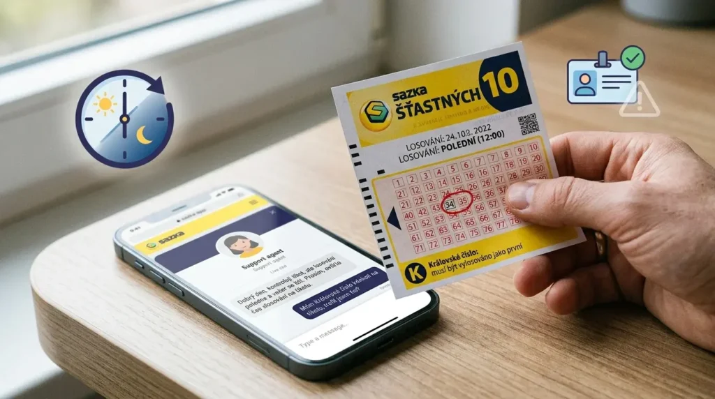 Detailní fotografie ruky držící oficiální tiket loterie Šťastných 10 od Sazky, na kterém je zřetelně vyznačen čas „LOSOVÁNÍ: POLEDNÍ (12:00)“ a červeně zakroužkované Královské číslo 34. Vedle tiketu leží smartphone se spuštěným live chatem se zákaznickou podporou, kde agent vysvětluje rozdíl mezi poledním a večerním tahem. Obrázek v autentickém dokumentárním stylu vizualizuje nejčastější omyly hráčů ohledně času slosování a pravidel pro výhru s Královským číslem, která byla odhalena během redakčního testu.