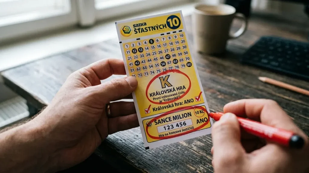 Detailní fotografie ruky držící oficiální tiket loterie Šťastných 10 od Sazky, na kterém je červeným perem výrazně zakroužkována sekce „KRÁLOVSKÁ HRA“ se symbolem „K“ a také sekce „ŠANCE MILION“ s vyznačenou cenou „10 Kč“. Druhá ruka drží fix a právě dokončuje zvýraznění těchto doplňkových her. Obrázek v autentickém dokumentárním stylu vizualizuje proces podání tiketu a ukazuje, jak se hráč aktivně zapojuje do obou doplňkových her, které byly zkoumány během redakčního testu.