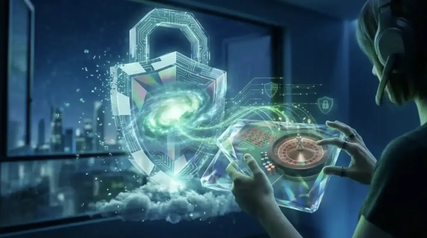 Bezpečnost a šifrování v cloud gamingu: Futuristický digitální zámek a štít chránící online kasino hru na mobilním zařízení.