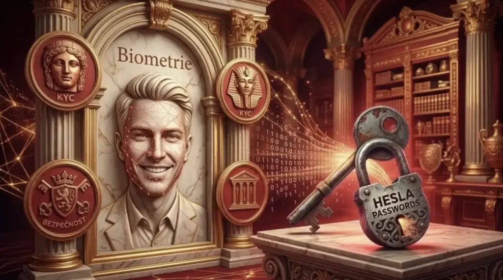 Symbolické vyobrazení biometrie v kasinu: mramorový reliéf tváře s digitální skenovací sítí, antické sloupy s ikonami KYC a bezpečnosti, a starý rezavý zámek s nápisem „hesla“ jako symbol končící éry zabezpečení.