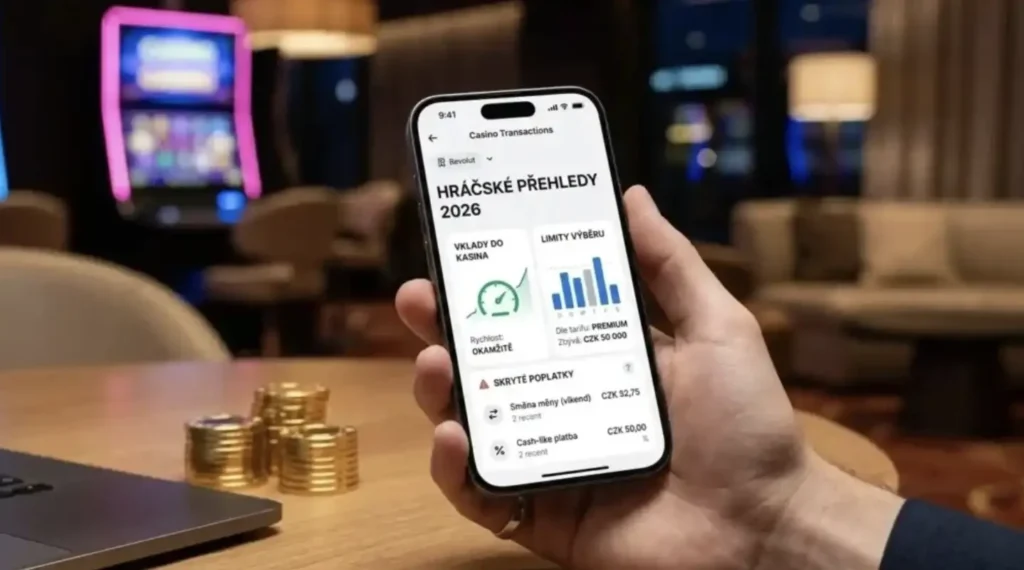 Detailní pohled na chytrý telefon zobrazující v aplikaci Revolut přehled kasinových transakcí pro rok 2026 s údaji o okamžitých vkladech, limitech výběru a položkami za skryté poplatky, jako je směna měny a poplatek za cash-like platbu, na pozadí rozostřeného herního prostředí s žetony a hracími automaty.
