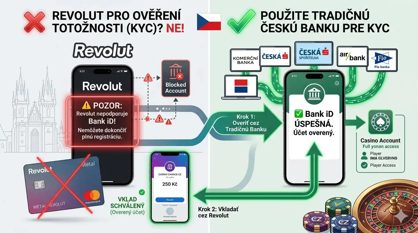 Infografika vysvětlující hybridní strategii pro KYC v českých casinech: Revolut nelze použít pro ověření totožnosti (Bank iD), proto je nutné použít tradiční českou banku. Revolut je následně ideální pro rychlé vklady na již plně ověřený herní účet.