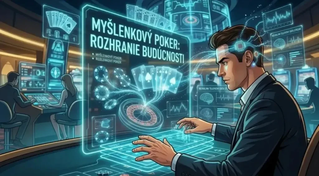 Ilustrace muže v moderním kasinu využívajícího rozhraní Neuralink k ovládání online pokeru a rulety myšlenkou, futuristický design rozhraní mozek-počítač, rok 2026.
