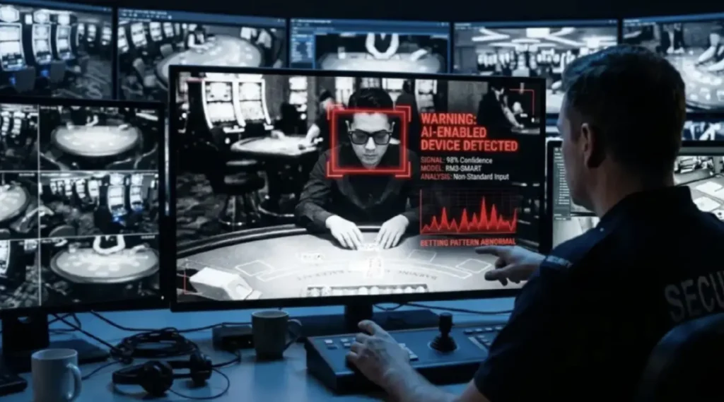 Pohled do monitorovací místnosti kasina, kde operátor ostrahy sleduje na obrazovce detailní záběr hráče s chytrými brýlemi.