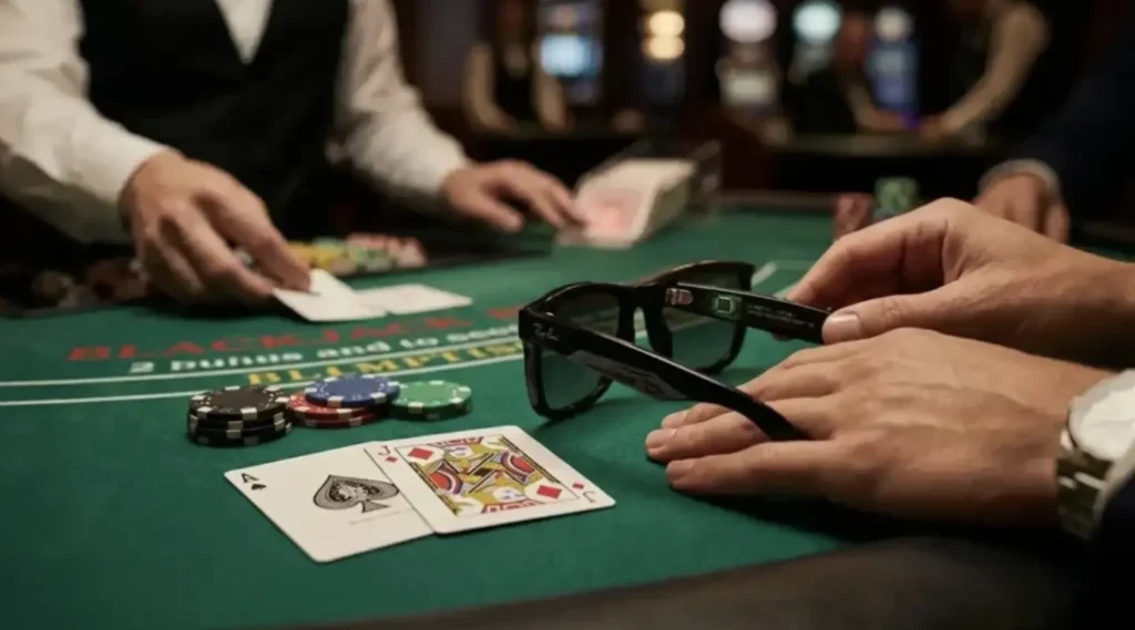 Detailní záběr na blackjackové karty a ruce hráče, který u stolu drží brýle Ray-Ban Meta s viditelným digitálním čipem uvnitř nožičky.