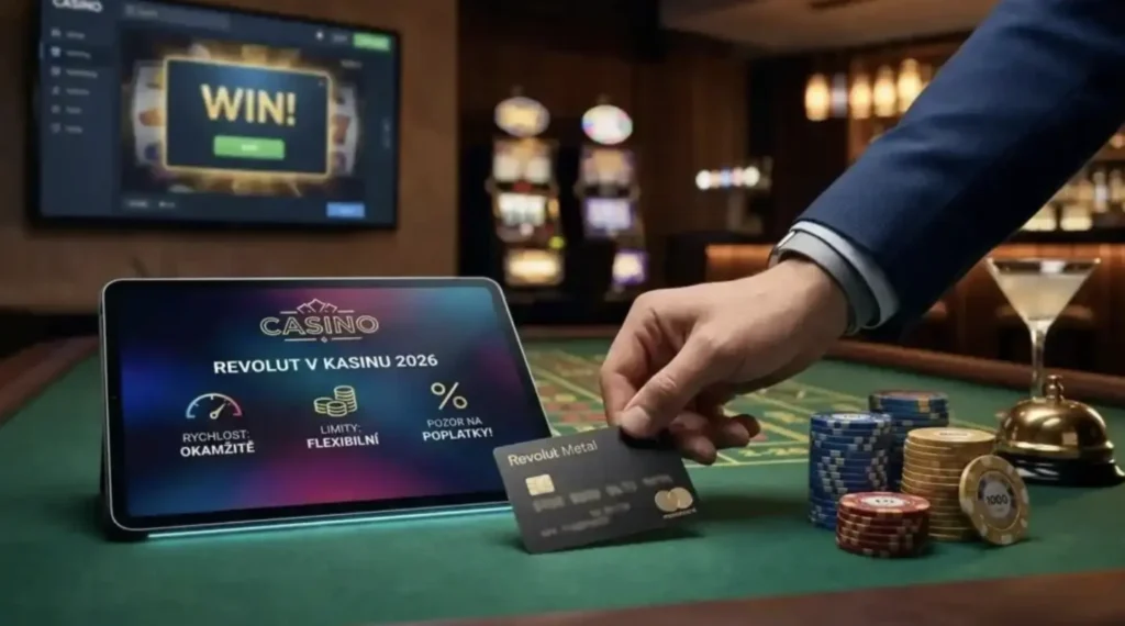 Detailní pohled na tablet s nápisem Revolut v kasinu 2026, ruku držící platební kartu Revolut Metal a kasinové žetony na zeleném plátně s hracími automaty v pozadí.