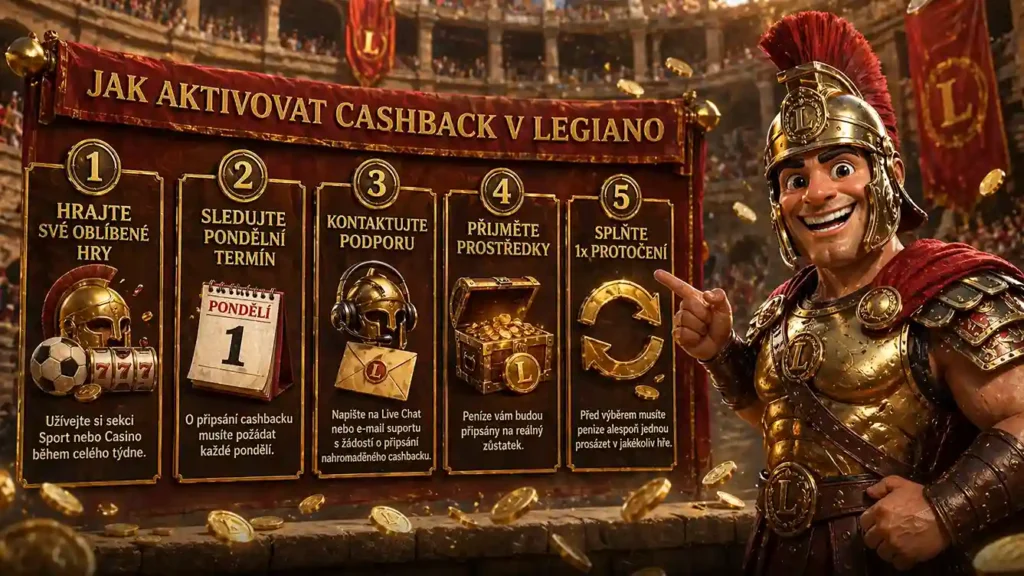 Ilustrace maskota Legiano v podobě usměvavého římského gladiátora v aréně, který ukazuje na přehledný seznam kroků pro aktivaci cashbacku (hraní her, sledování pondělí, kontaktování podpory, přijetí peněz a protočení), zatímco kolem něj létají zlaté mince a v pozadí je zaplněné koloseum.