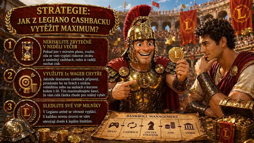 ilustrace v římském stylu s maskotem Legiano – usměvavým gladiátorem – který ukazuje zlatou minci hráči vedle sebe, zatímco spolu analyzují strategii cashbacku na pergamenu. Vlevo je přehled tipů (neriskovat v neděli, chytře protočit cashback, sledovat VIP úrovně), kolem létají zlaté mince a v pozadí je zaplněné koloseum s červenými prapory.