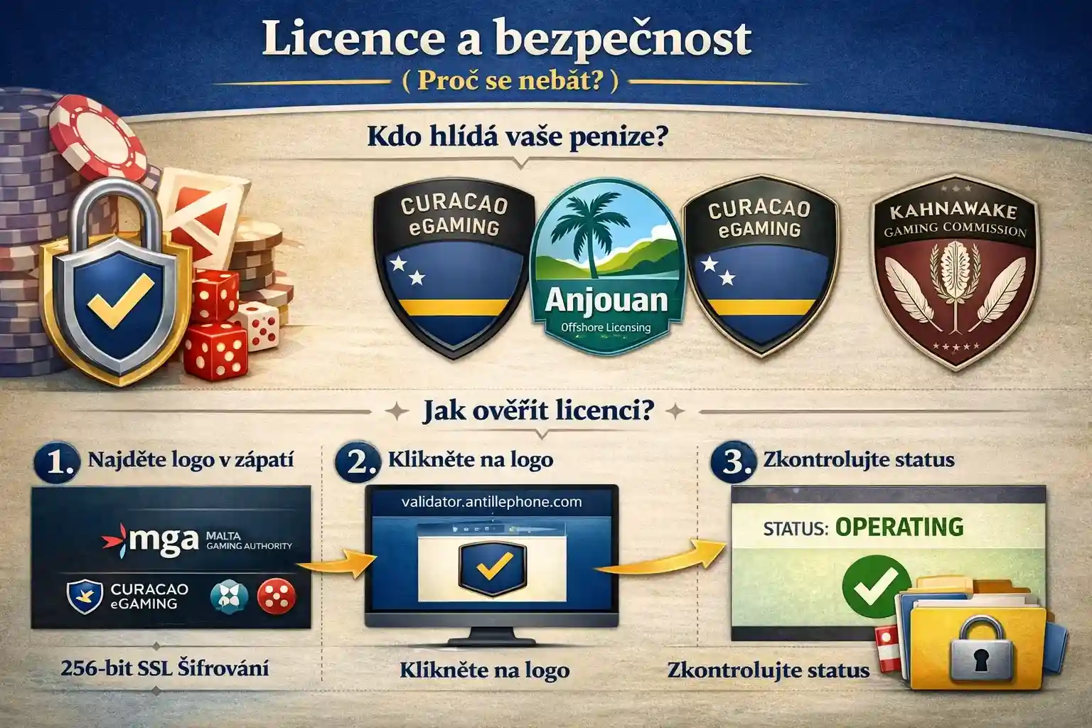 Infografika v češtině s názvem „Licence a bezpečnost (Proč se nebát?)“, která vysvětluje, jak ověřit bezpečnost online casina. Obsahuje sekci „Kdo hlídá vaše peníze?“ s logy licencí Curacao eGaming, Anjouan a Kahnawake. Níže je návod ve třech krocích: najít logo licence v patičce webu, kliknout na něj a zkontrolovat status „OPERATING“. Součástí jsou vizuální prvky jako štíty, zámky, hrací kostky a zmínka o 256-bitovém SSL šifrování pro ochranu dat.