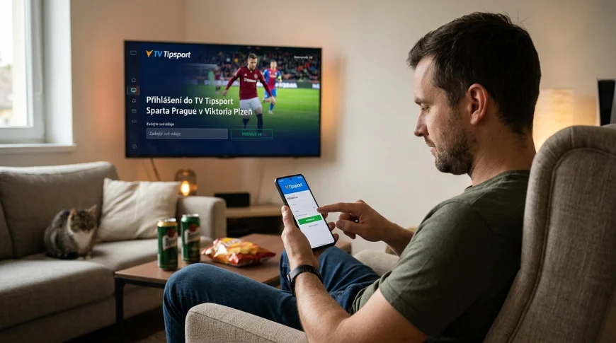 Realistický pohled na fanouška v obývacím pokoji, který se na svém mobilním telefonu přihlašuje do aplikace Tipsport, zatímco v pozadí na chytré televizi svítí obrazovka TV Tipsport se živým přenosem fotbalového zápasu a výzvou k přihlášení.