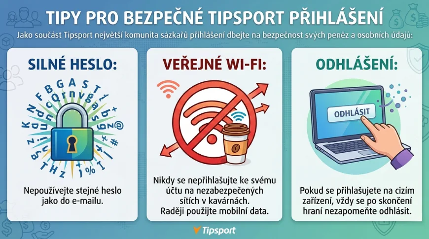 Přehledná infografika s názvem Tipy pro bezpečné Tipsport přihlášení, která ve třech krocích ilustruje: silné heslo s ikonou visacího zámku, zákaz přihlašování na veřejné Wi-Fi v kavárnách a důležitost odhlášení z cizích zařízení na notebooku. Podbarveno v barvách Tipsportu.
