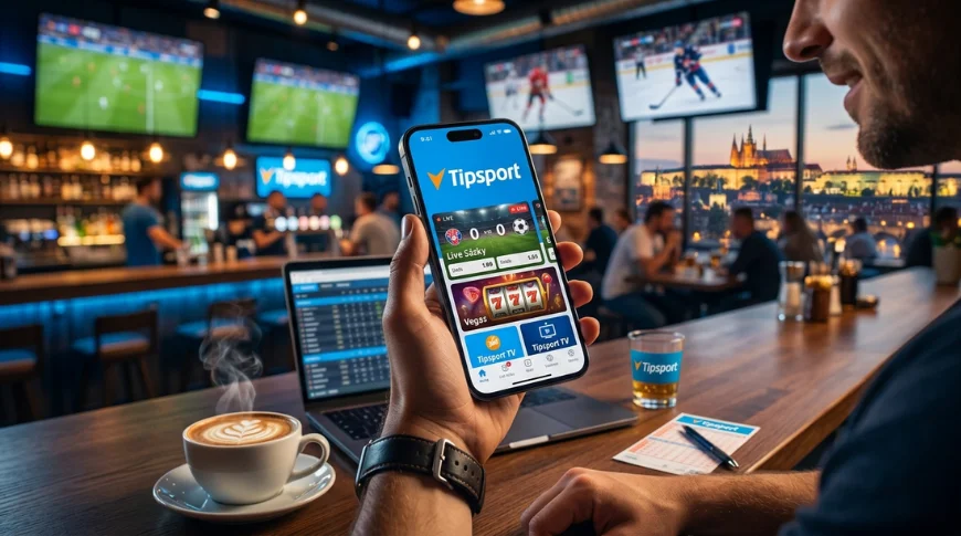 Detailní pohled na mobilní telefon s otevřenou aplikací Tipsport, zobrazenou na pozadí moderního sportbaru s výhledem na Pražský hrad.