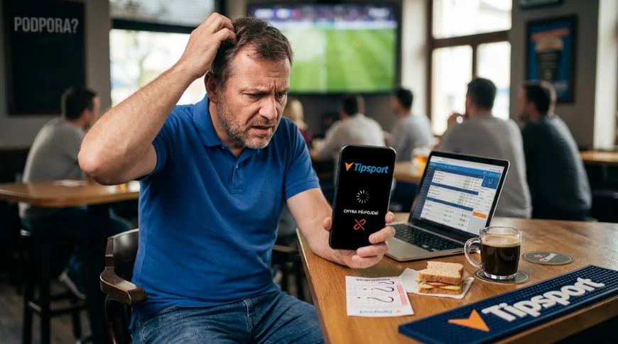 Detailní pohled na zmateného muže v polo triku, který se škrábe na hlavě a s nešťastným výrazem si prohlíží svůj smartphone. Na obrazovce telefonu je vidět zjednodušená verze aplikace Tipsport s chybovým hlášením a točícím se načítacím kolečkem. V pozadí je rozostřené prostředí sportbaru s dalšími hosty, kteří sledují velkou obrazovku, což zdůrazňuje momentální výpadek aplikace ve srovnání s běžnou zábavou ostatních.
